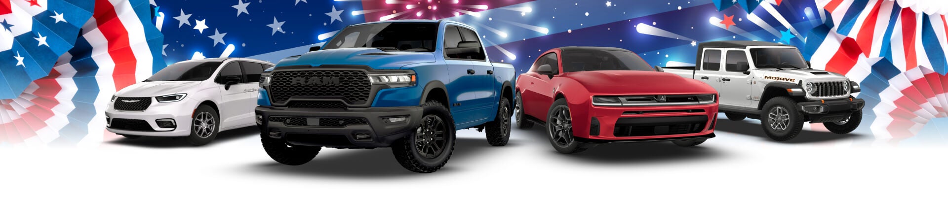 Red white and blue Chrysler Pacifica, RAM 1500, Dodge Charger and Jeep Gladiator in front of American flags and fireworks.