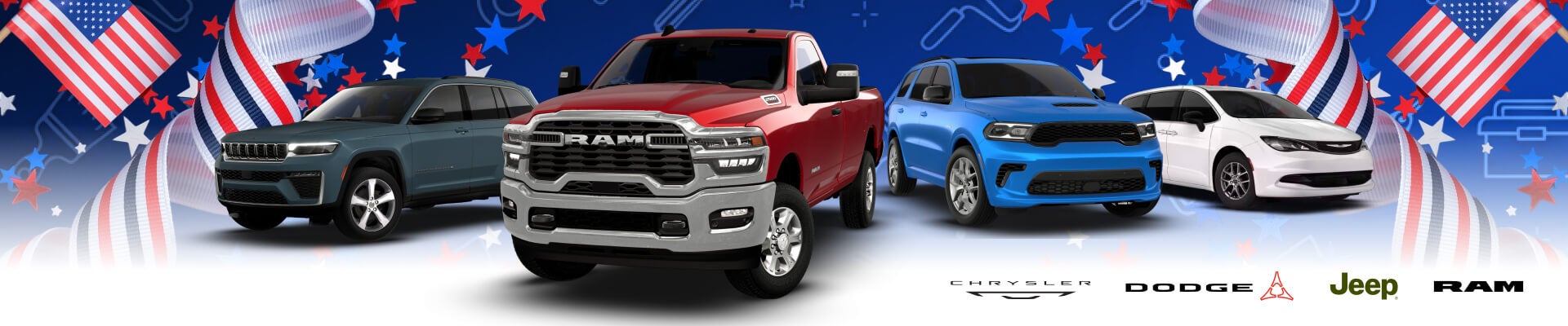 Chrysler, Dodge, Jeep and Ram vehicles with a background of US flags and a pattern of work tools.