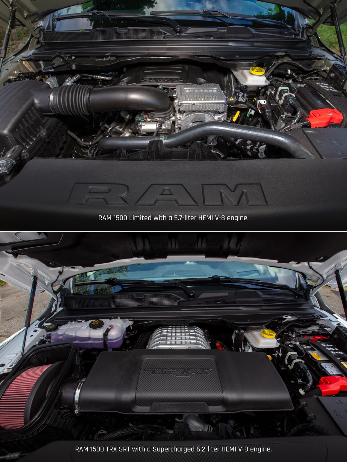 Split view showing the open engine bays housing the 5.7L HEMI V8 and Supercharged 6.2L HEMI V8 in a 2027 Ram 1500.