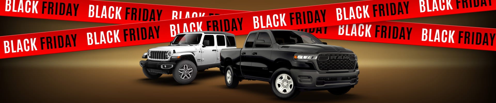 Jeep Wrangler and RAM pickup truck displayed beneath Black Friday promotional graphics.